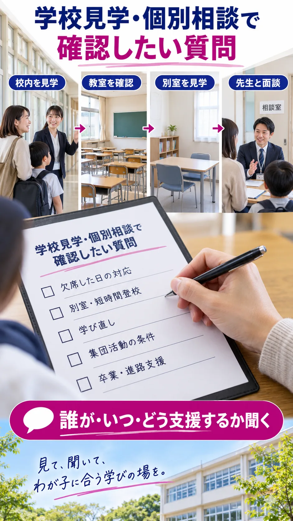 学校見学・個別相談で確認したい質問の解説図